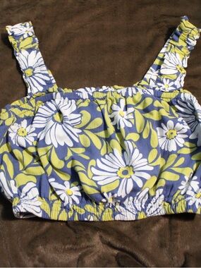Aerie Floral Smocked Crop Top - Blue, White & Lime